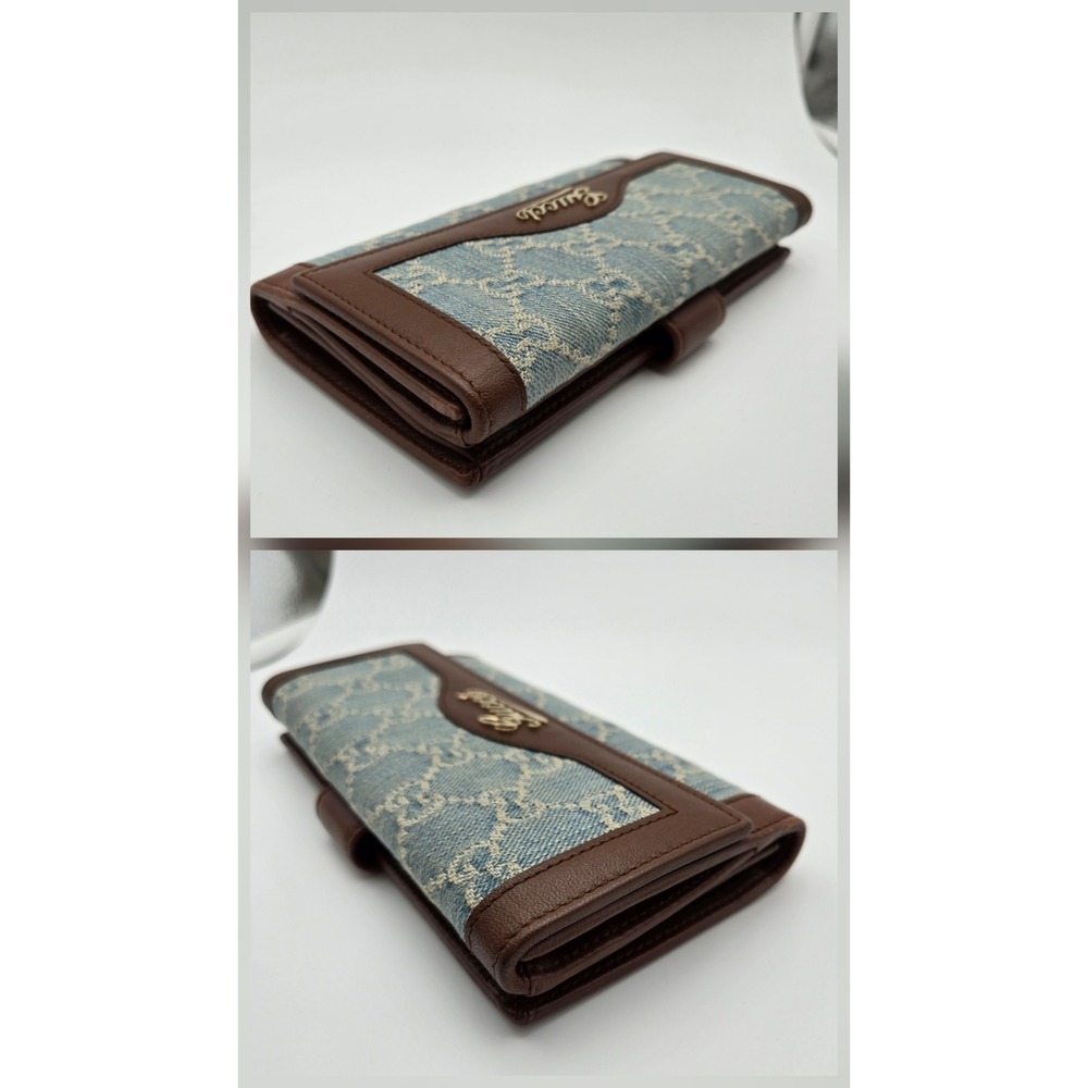 Gucci GG Monogram Denim Leather Long Wallet Blue Brown COA - Picture 5 of 13